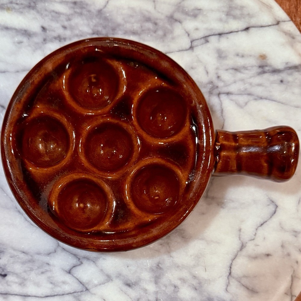 VTG 70s 1970s Brown Glazed Stoneware Escargot‎ Appetizer Oven Baking Handle Dish